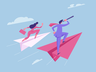 Business Vision, Future Strategy Team Spirit Concept. Business People Characters Flying on Paper Planes. Man Looking for New Idea with Telescope for Website, Banner, Poster. Flat Vector Illustration