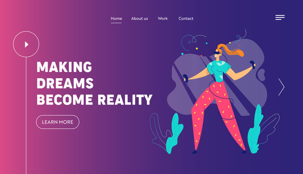 Virtual Reality Augmented Concept for Landing Page. Woman Character with vr Glasses Dancing or Doing Exercise. New Technology Experience for Website, Web Page. Flat Vector Illustration