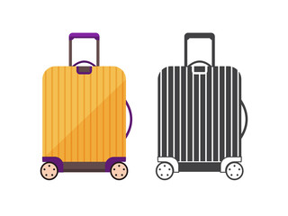 Modern yellow travel suitcase. Carry on luggage or baggage for trips. Wheeled travel bag with handle icon.