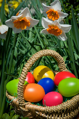 Bunte Ostereier in einem Korb.  Ostern. Eiersuche