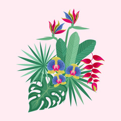 Tropical flower bouquet with orchid, coconut palm, monstera and other exotic plants and leaves.