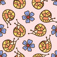Seamless pattern with snails and flowers drawn in the style of hand drawn. Colorful illustration