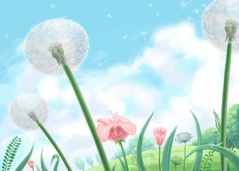 Digital illustration of soft green meadow and blue cloudy sky background