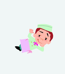 Chef lying, greets with a dreamy expression.