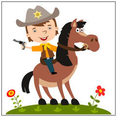 Funny boy in a cowboy suit with a gun sitting on a horse
