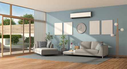Blueand gray living room of a modern villa