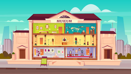 Natural history, ethnographic, paleontology, art museum cartoon vector concept. Cross section building with egyptian, medieval history, dinosaurs skeletons, modern, classic art exposition illustration