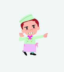 Chef points angrily to his left.