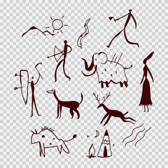 Cave paintings of people and animals. Vector cartoon illustration isolated on transparent background.