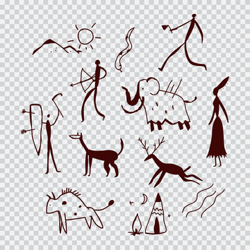 Cave paintings of people and animals. Vector cartoon illustration isolated on transparent background.