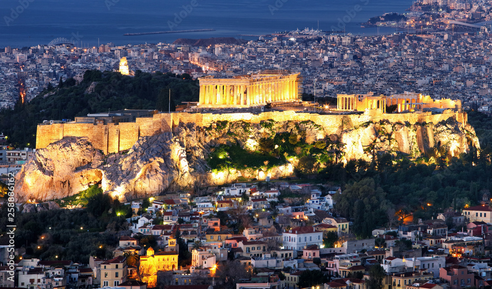 Sticker Acropolis at night in Athens from hill Lycabettus, Greece