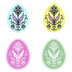 Fototapeta premium Vector illustration. Beautiful set with easter eggs. Without black edging. Yellow egg. Pink, green eggs with white floral ornament.Without background. EPS.