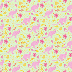 Seamless pattern with abstact floral elements and australian animal pink kangaroo in flat style. Colorful endless texture with plant: leaves and flowers on grey background. Vector illustration
