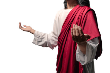 Jesus christ raised hands with open palms and praying to god