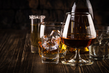 Strong alcohol drinks - whiskey, cognac, vodka, rum, tequila. 