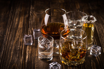 Strong alcohol drinks - whiskey, cognac, vodka, rum, tequila. 