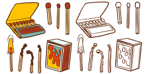 Obraz premium Safety match ignite burn icons set. Cartoon illustration of doodle Safety match vector icon for web isolated on white background