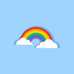 Rainbow arch with two clouds colorful vector icon with primary color spectrum. Rainbow 6-colors curve with clouds on blue background simple icon.