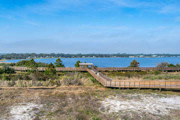 Fototapeta na wymiar A very long boardwalk surrounded by shrubs in Gulf Shores, Alabama