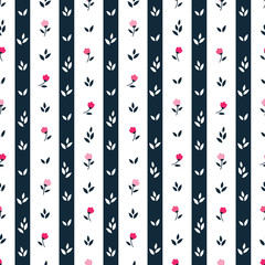 Simple floral seamless pattern with hand drawn pink flowers, leaves and stripes for textile, wallpapers, gift wrap, scrapbook. Vector.