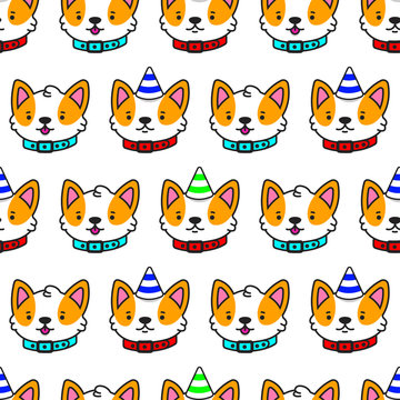 Corgi head vector cartoon seamless pattern. Cute dog background for wallpaper, wrapping, packing and backdrop.