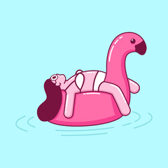 Summer vector cartoon illustration with a cute girl floating on flamingo inflatable rubber ring.