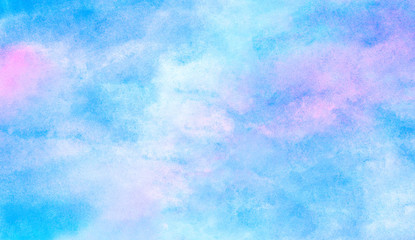 Beautiful aquarelle paper textured ink effect grungy wet pastel illustration for design. Fantasy light blue, purple and pink shades watercolor background for vintage card, retro templates. 