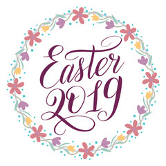 Obraz premium Easter 2019 greeting card. Plum color script lettering inscription and wreath with floral ornament. Flower decor, round frame, calligraphic cursive. Vector holiday illustration. Pastel and dusty color