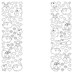 Vector set of beautiful round icons in the form of wild animals for children and design, print, cat ,bear, fox, bird ,hare or rabbit. Round animals with caption on white background