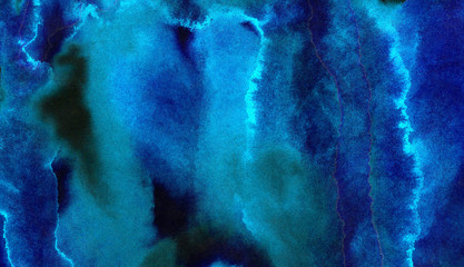 Vivid textured light blue neon watercolor on deep dark paper background. Aquarelle painted lightning night sky and thunder storm, smoke texture illustration. Ink canvas for modern creative design