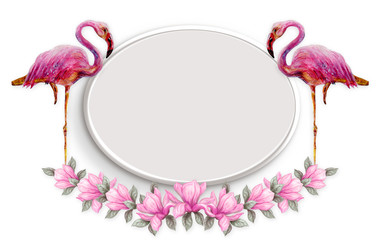 Two pink flamingos stands in floral frame of magnolia flowers isolated on white background. Hand drawn painting watercolor paints.