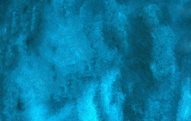 Vivid textured light blue neon watercolor on deep dark paper background. Aquarelle painted...