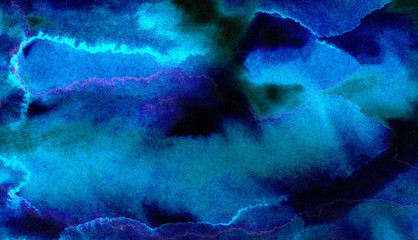 Vivid textured light blue neon watercolor on deep dark paper background. Aquarelle painted lightning night sky and thunder storm, smoke texture illustration. Ink canvas for modern creative design