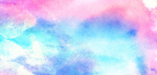 Beautiful colorful aquarelle paper textured ink effect grungy wet pastel illustration for design. Fantasy light blue, purple and pink shades watercolor background for vintage card, retro templates © KatMoy