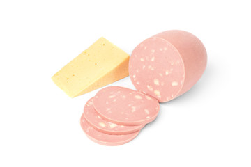 Boiled sausage with cheese isolated on white background.