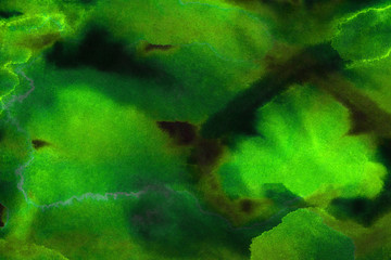 Colorful neon aquarelle canvas for modern creative design. Abstract hand drawn texture water color paint illustration. Cosmic vibrant bright green northern lights watercolor on black paper background