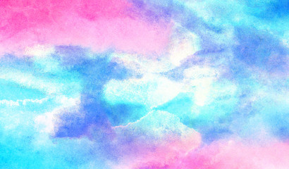 Beautiful colorful aquarelle paper textured ink effect grungy wet pastel illustration for design. Fantasy light blue, purple and pink shades watercolor background for vintage card, retro templates