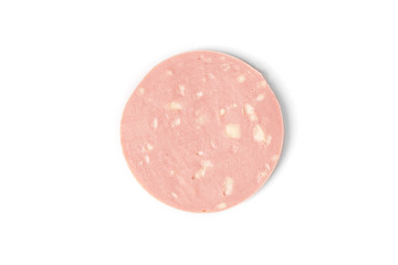 Boiled sausage with cheese isolated on white background.