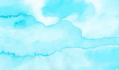 Fototapeta premium Creative wet ink effect turquoise color watercolor background. Light sky blue shades frame illustration. Grunge aquarelle painted paper textured canvas for vintage design, invitation card, template