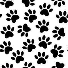 Fototapeta na wymiar Paw black print seamless. Vector illustration animal paw track pattern. backdrop with silhouettes of cat or dog footprint.