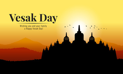 vesak day banner with Silhouette Buddhist Temple of Borobudur and mountain view in evening time vector design