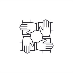 Teamwork icon, 4 hands together. Teamwork, partnership, cooperation, synergy, community, unity and equality concept. Icon for info graphics, websites, print media and interfaces. Vector illustration.