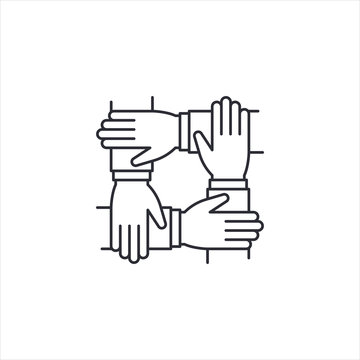 Teamwork icon, 4 hands together. Teamwork, partnership, cooperation, synergy, community, unity and equality concept. Icon for info graphics, websites, print media and interfaces. Vector illustration.