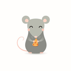 Hand drawn vector illustration of a cute little rat with a piece of cheese. Isolated objects on white background. Flat style design. Concept for Chinese New Year greeting card, holiday banner, decor.