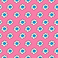 floral blue seamless chamomile drawing. vector illustration. White daisies seamless pattern on a pink background.
