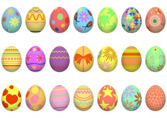 Easter. Set of colorful realistic Easter eggs with patterns. Decoration for the holiday. Isolated on white background. Vector illustration. EPS10