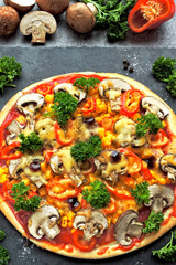 Healthy vegetarian pizza with mushrooms and vegetables. Keto diet. Keto pizza.