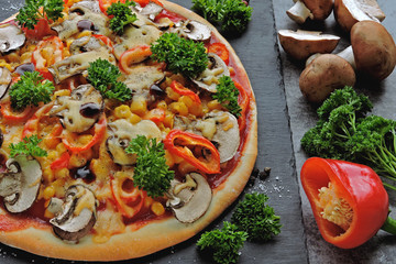 Healthy vegetarian pizza with mushrooms and vegetables. Keto diet. Keto pizza.