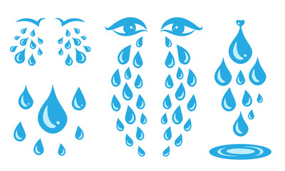 Blue cry cartoon tears icon or sweat drops from eyes - obrazy, fototapety, plakaty