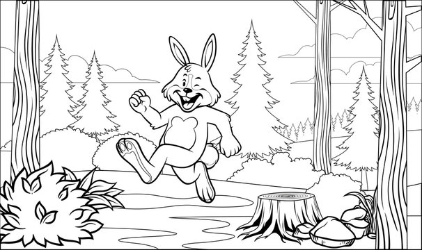 black and white funny rabbit coloring page running in the forest